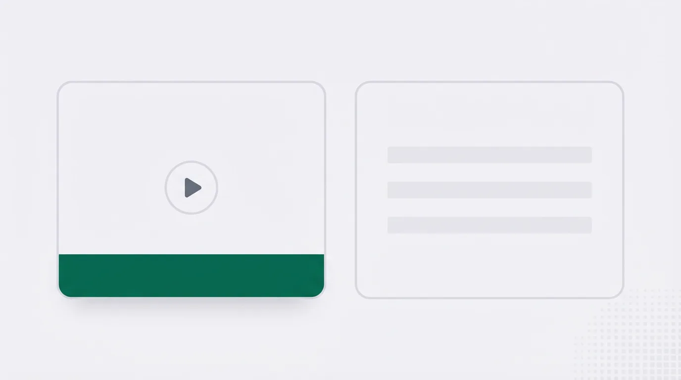Two pale cards side by side, the left one with a play circle and a green bar, the right one with three stacked bars