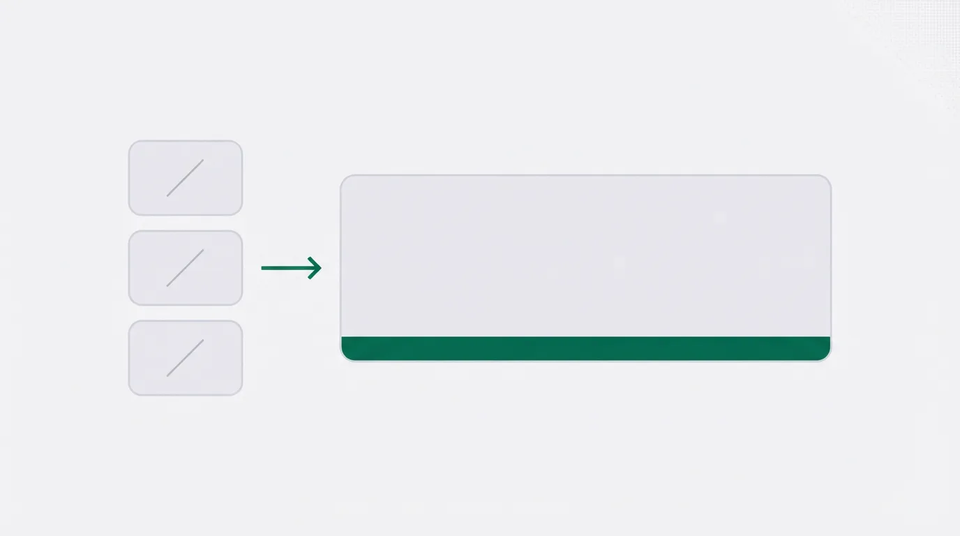 Three small pale cards each crossed by a grey stroke, with a green arrow into a larger pale card that has a green bar along its base