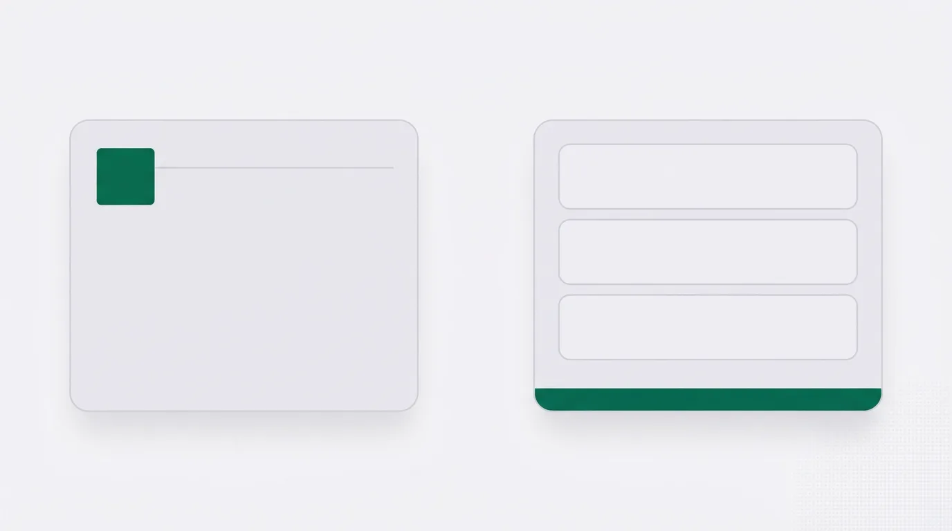 Two pale cards on a light grey ground. The left card is a single rectangle with a small green square. The right card is a stack of three smaller rectangles with a green bar along the bottom.