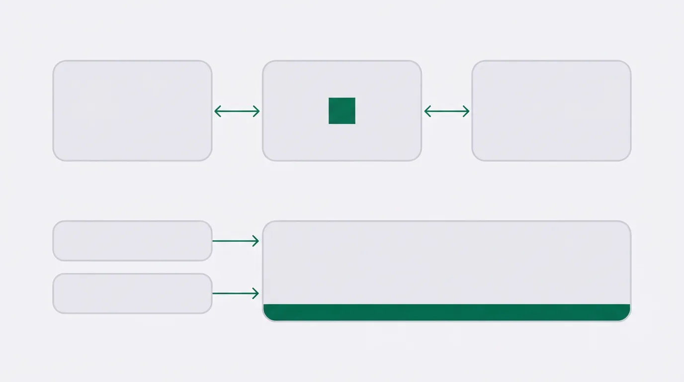 Three rounded rectangles in a row, joined by thin green arrows. The middle rectangle has a small green square. A second row under them holds two smaller rectangles feeding one wider rectangle.