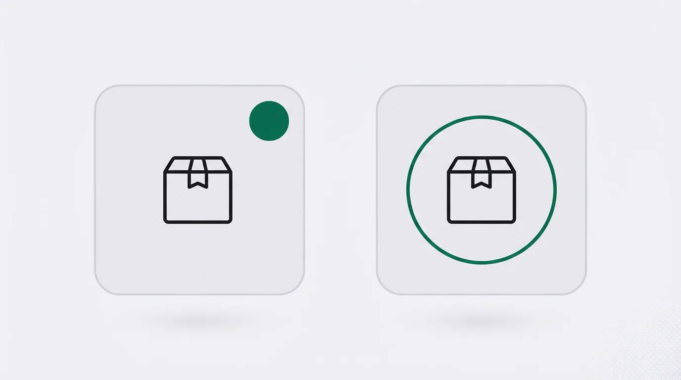 Two pale cards on a light ground: the left holds a small parcel with a green dot, the right holds the same parcel inside a thin green loop