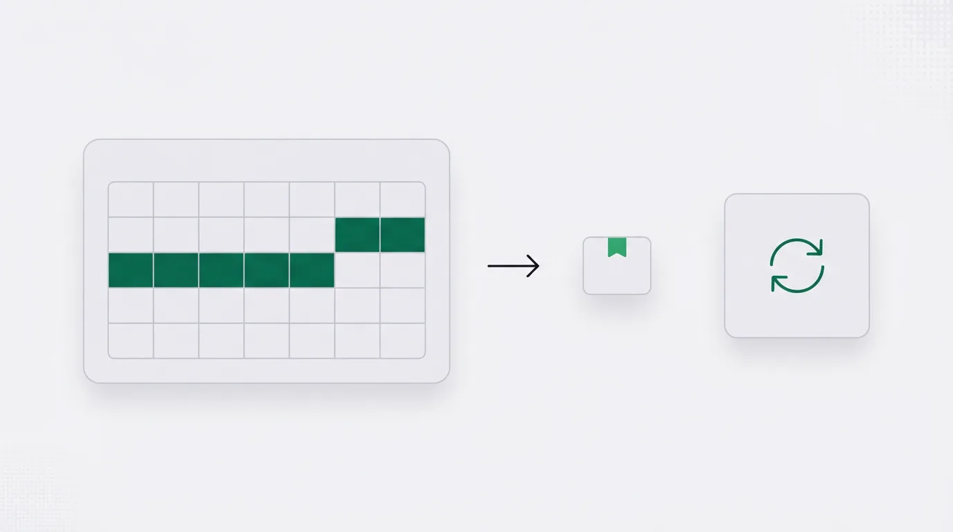 A pale calendar grid with a green row of cells, a thin arrow to a small card with a green bookmark, and a card with two circular arrows