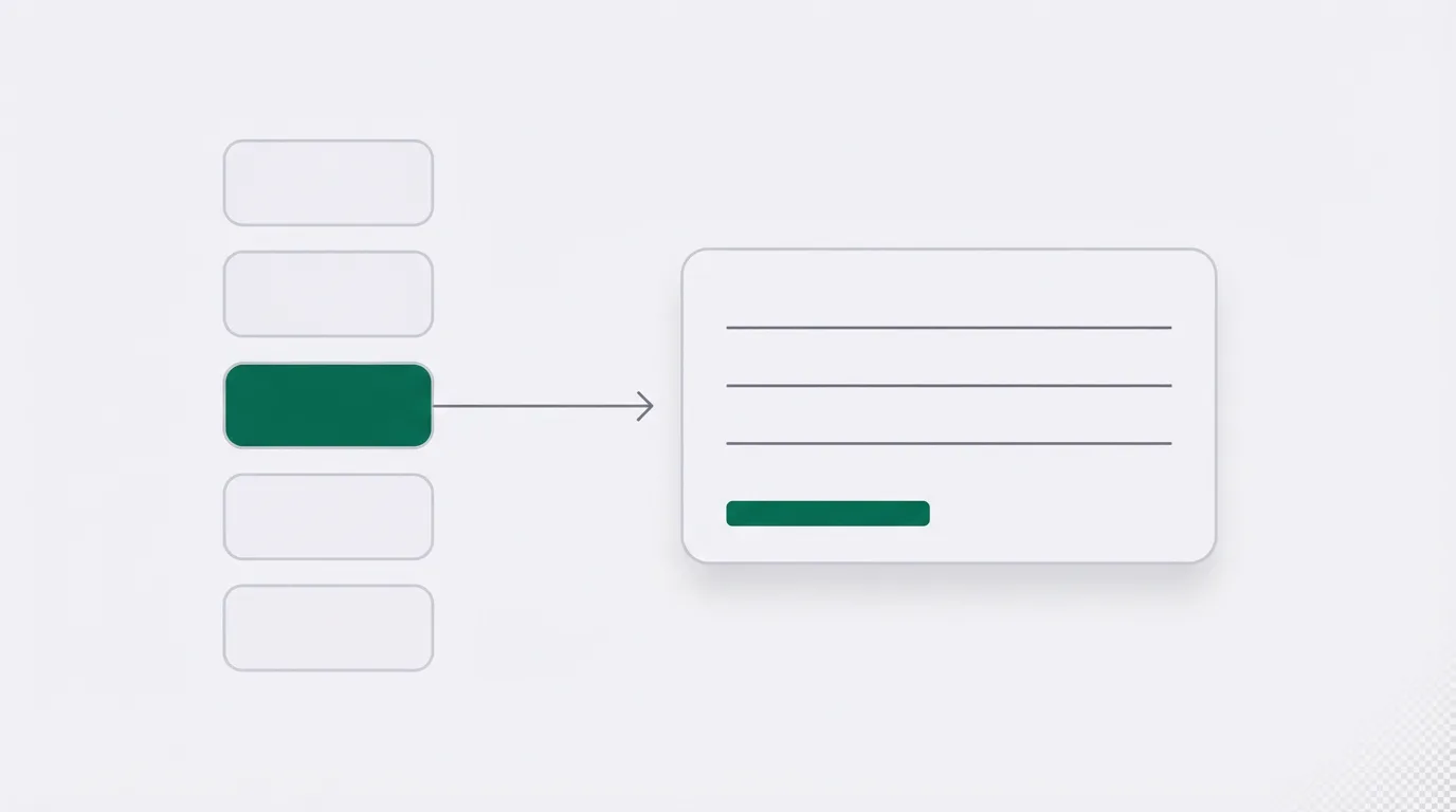 A left column of pale menu tiles, one filled green, with an arrow into a larger card that has three lines and a short green bar