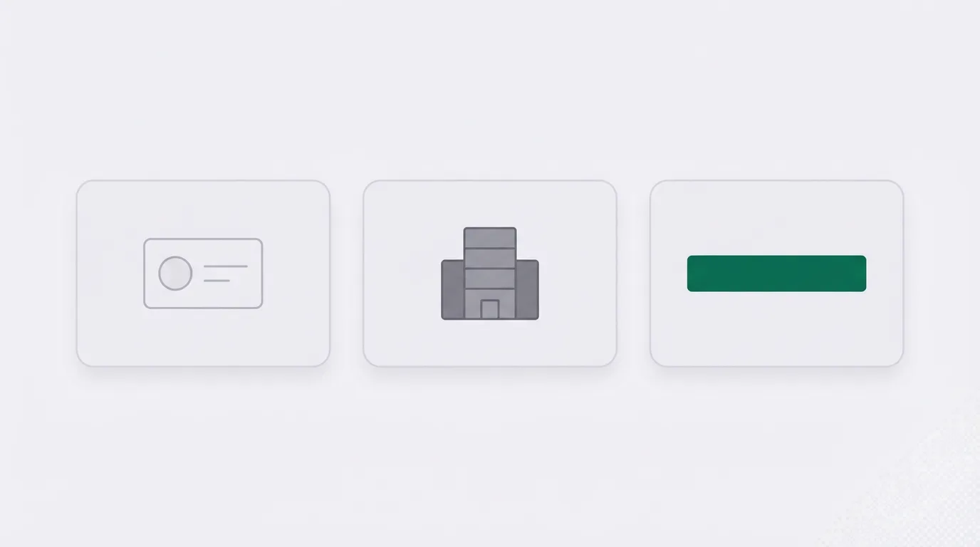 Three pale cards in a row: an ID-card outline, a small grey block on a base, and a long green bar