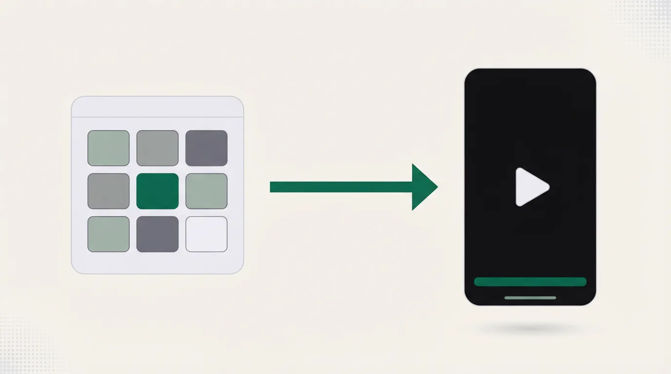 A pale shop card with a small product grid, a green arrow, and a dark phone shape holding a play triangle
