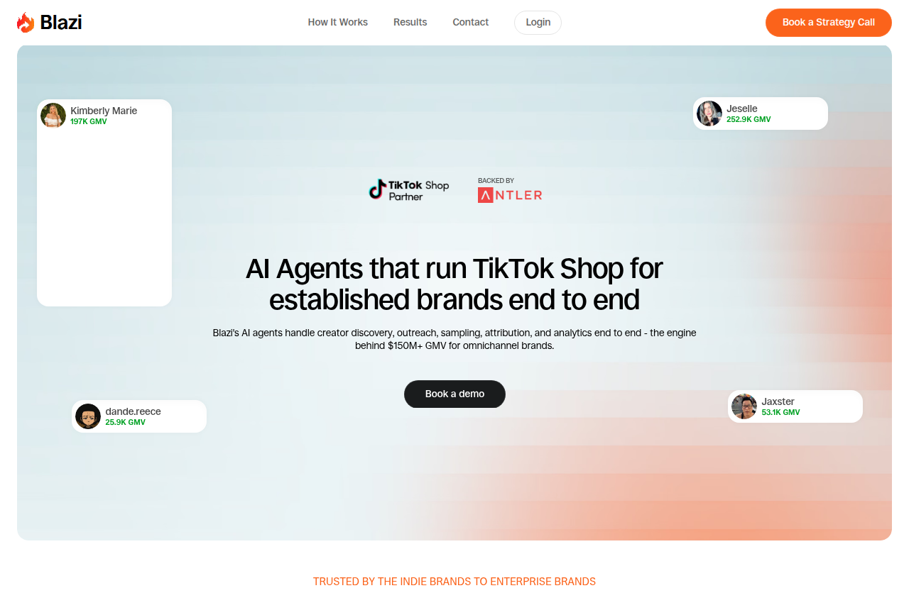 Blazi homepage with the headline AI Agents that run TikTok Shop for established brands end to end, a Book a demo button, and a TikTok Shop Partner mark