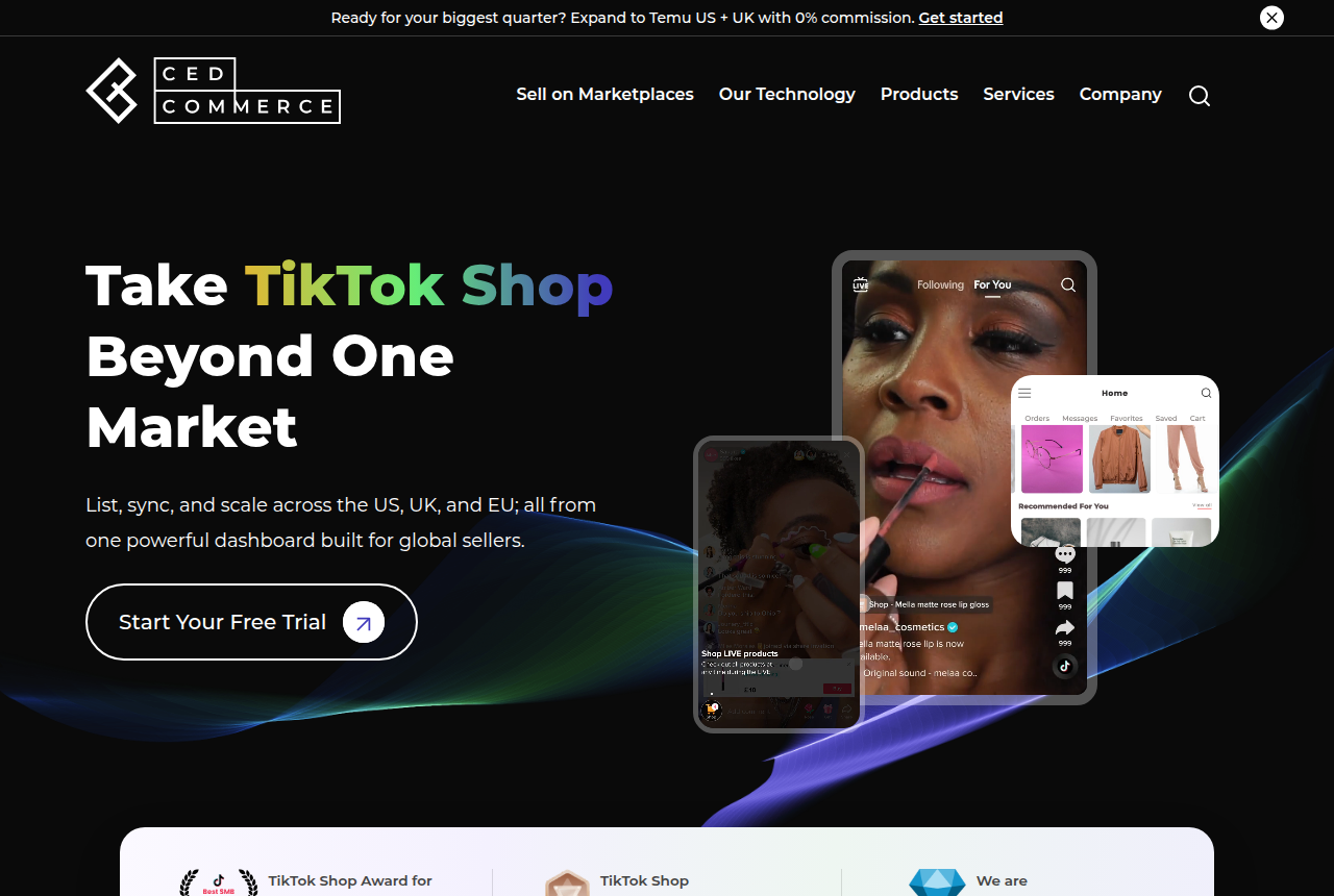 CedCommerce's TikTok Shop page with the headline Take TikTok Shop Beyond One Market and a Start Your Free Trial button