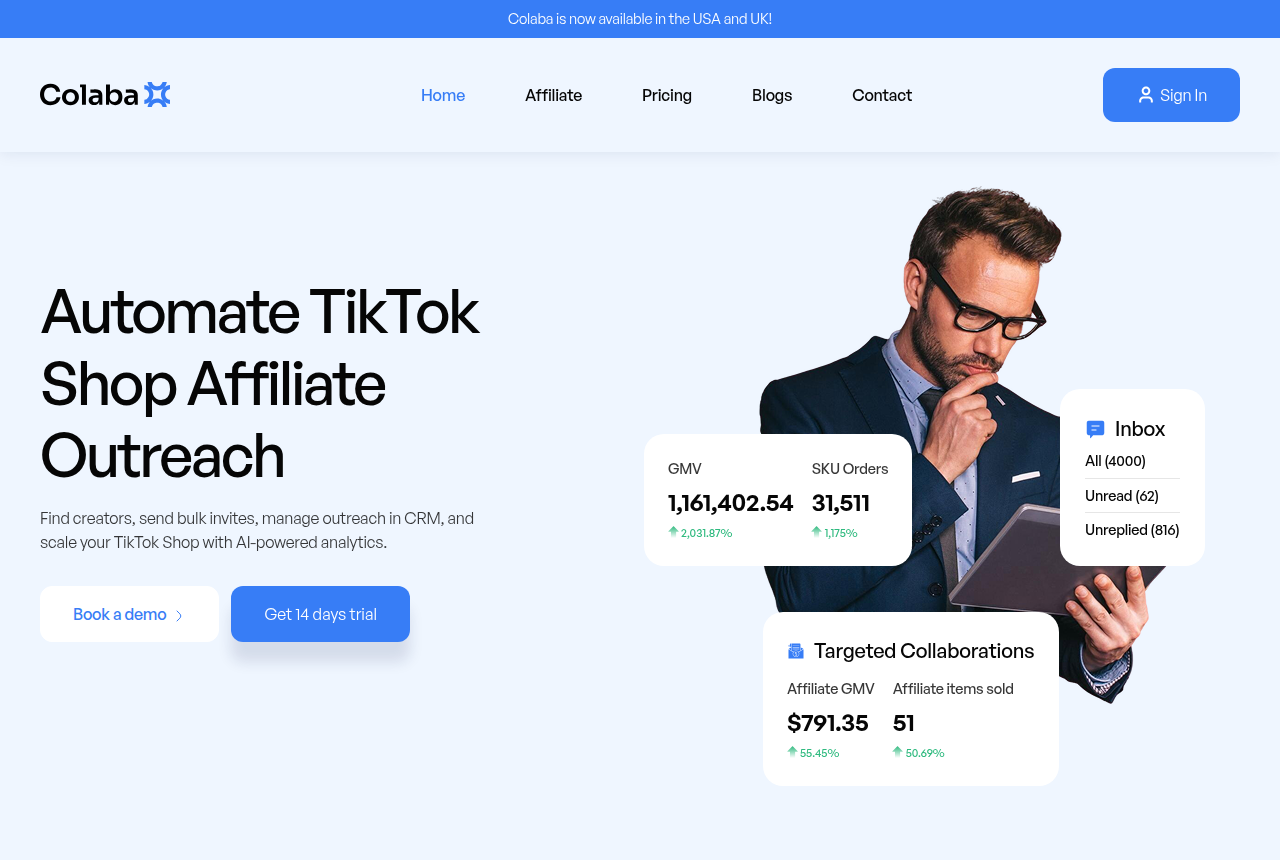 Colaba homepage with the headline Automate TikTok Shop Affiliate Outreach, a Get 14 days trial button, and a banner saying the product is available in the USA and UK
