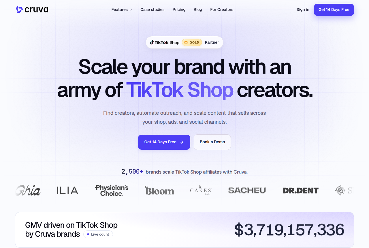 Cruva homepage with the headline Scale your brand with an army of TikTok Shop creators, a Get 14 Days Free button, and a TikTok Shop Gold Partner badge