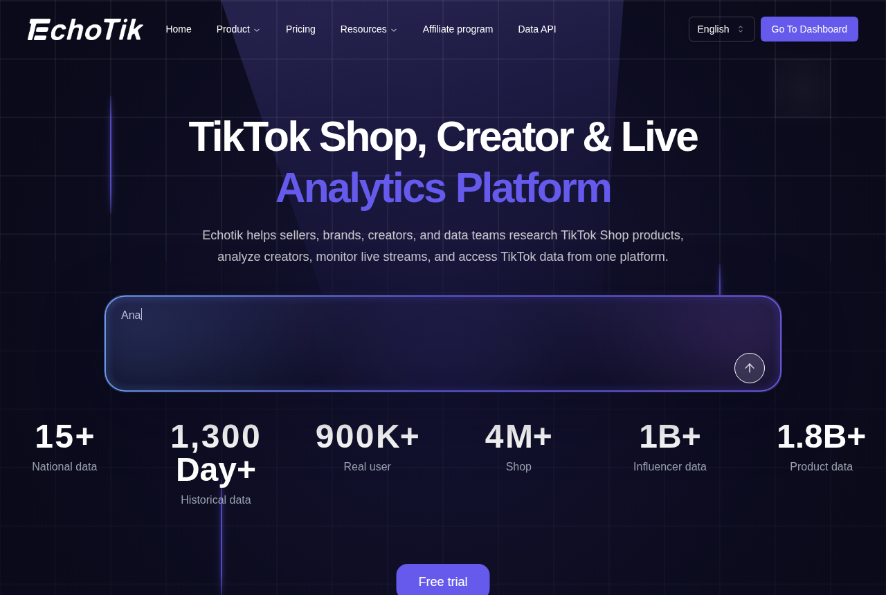 EchoTik homepage with the headline TikTok Shop, Creator and Live Analytics Platform and a free trial button