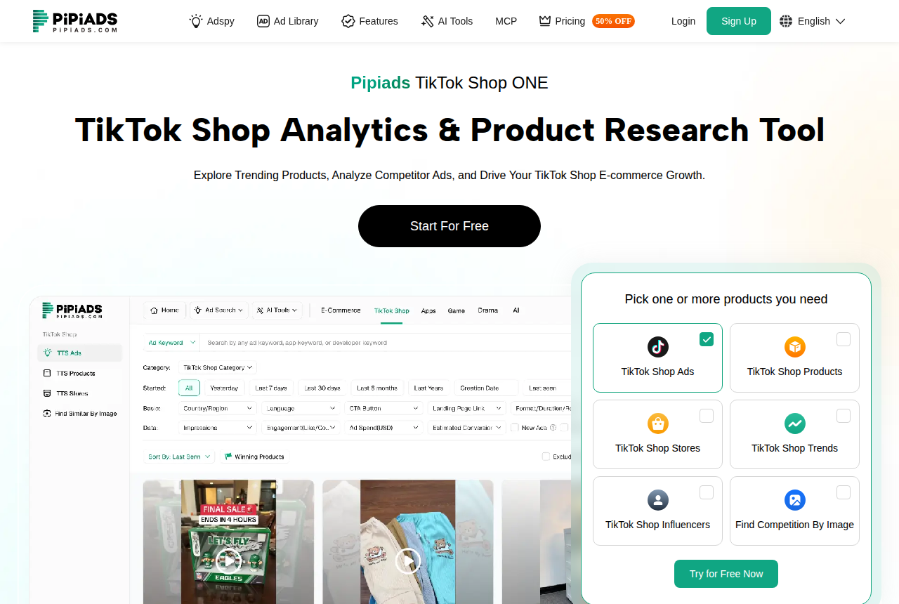Pipiads TikTok Shop page with the PiPiADS logo, the headline TikTok Shop Analytics and Product Research Tool, a Start For Free button, ad filters, and a panel for TikTok Shop Ads, Products, Stores, Trends, Influencers and image search. The Pricing link in the header shows a 50 percent off badge.