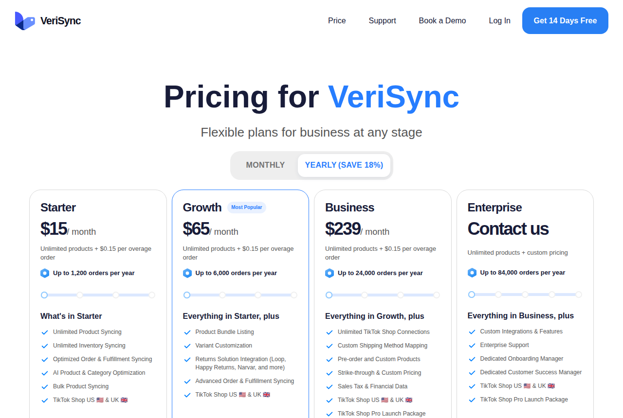 VeriSync pricing page showing Starter, Growth, Business and Enterprise plans, each with unlimited products and a yearly order allowance